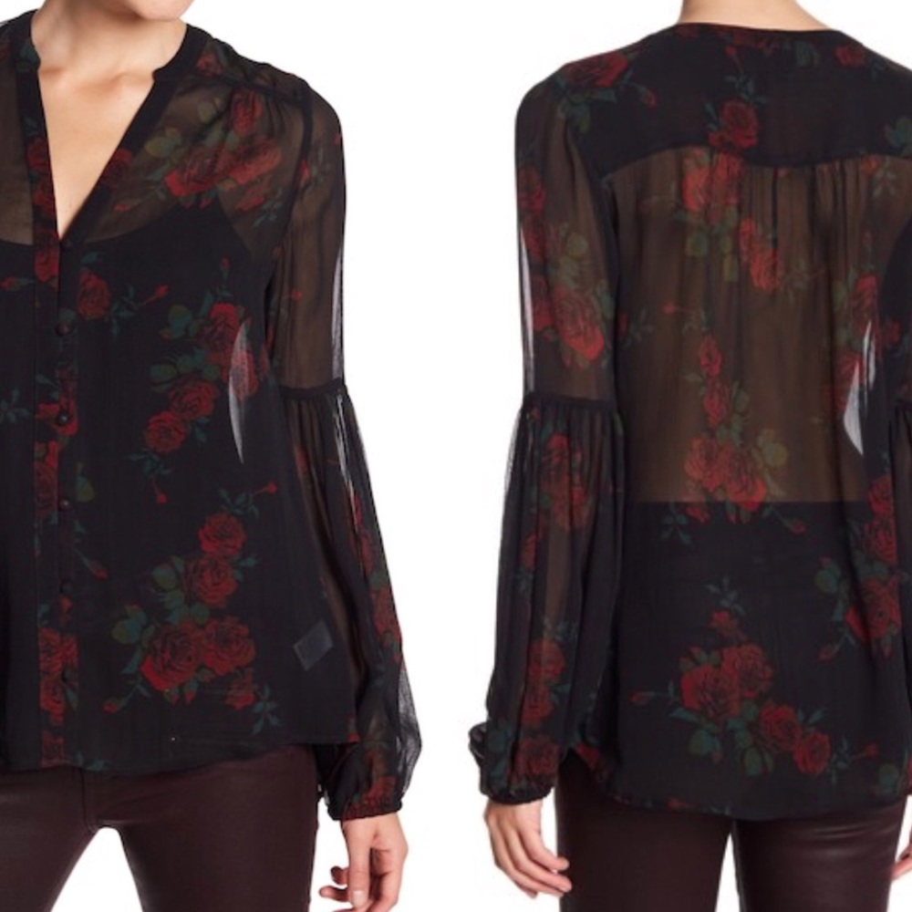 Sheer Black Floral Button-Front Blouse